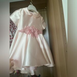 Girls dress and hair bow flower girl wedding formal pink satin 2 3